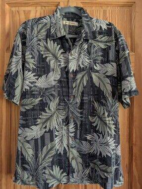 Tommy Bahama Silk Tropical Palm Leaf Floral Camp Shirt Navy Gray Mens Large